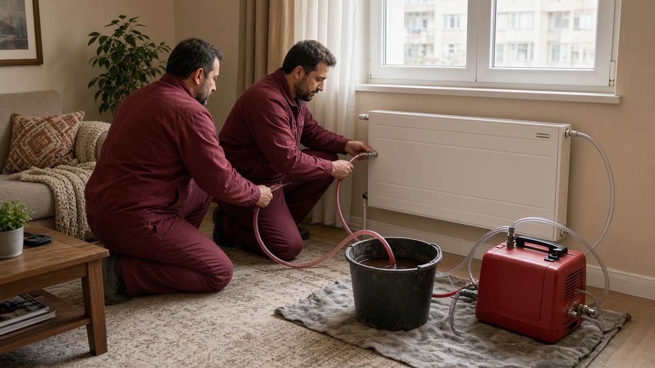 Sıcacık Petek ekibi yıkama makinesini bir dairenin ısıtma hattına bağlarken